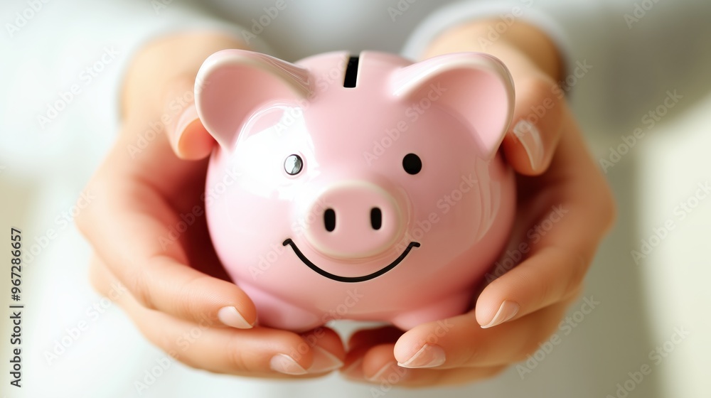 Hands Holding a Pink Piggy Bank for Savings. Close-up of hands gently holding a smiling pink piggy bank, representing savings, financial security, and personal money management. Hands Holding a Pink Piggy Bank for Savings. Close-up of hands gently holding a smiling pink piggy bank, representing savings, financial security, and personal money management.
