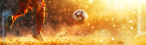 picture of a football ball and gold confetti falling light and bokeh in background