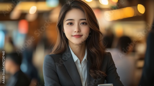 Confident young businesswoman sits in a professional environment, holding a cup of coffee, representing business networking and career confidence.