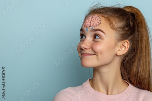 Biophotonics synapse firing electrophysiological data mapping and cerebral cortex woman smiling while glowing brain activity represents mental clarity intelligence and creativity photo