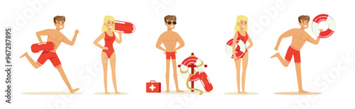 Beach Rescue Man and Woman Character Performing Duties Vector Set