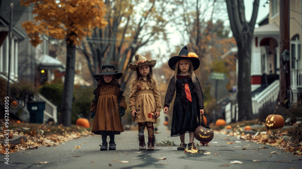 Group of children dressed in Halloween costumes with face paint, capturing the festive and creepy spirit of the holiday. Kids trick or treat in Halloween costume. Happy Halloween. Group of children dressed in Halloween costumes with face paint, capturing the festive and creepy spirit of the holiday. Kids trick or treat in Halloween costume. Happy Halloween.