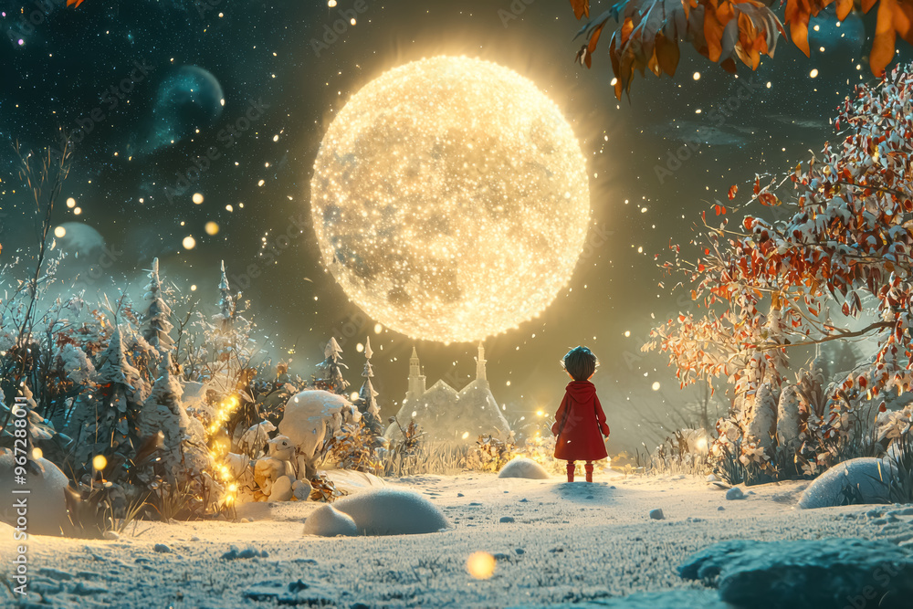 Enchanted Child in a Magical Winter Landscape. An illustration of a child in a red coat standing in a snowy landscape under a giant glowing moon, surrounded by sparkling lights.
Enchanted Child in a Magical Winter Landscape. An illustration of a child in a red coat standing in a snowy landscape under a giant glowing moon, surrounded by sparkling lights.