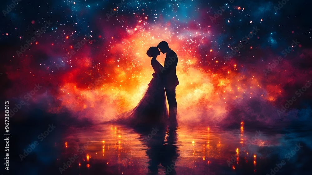 Romantic Watercolor Depiction of Couple's First Dance Under Twinkling Night Sky Romantic Watercolor Depiction of Couple's First Dance Under Twinkling Night Sky