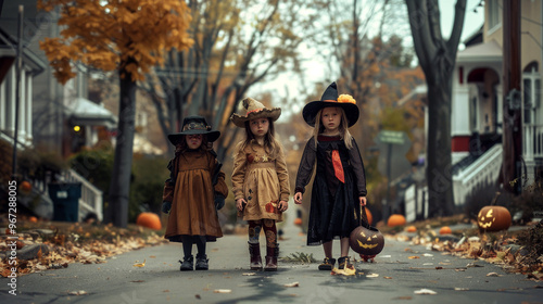 Group of children dressed in Halloween costumes with face paint, capturing the festive and creepy spirit of the holiday. Kids trick or treat in Halloween costume. Happy Halloween.