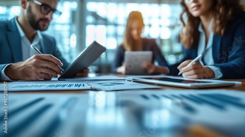 Team Meeting for Business Data Review. Business team reviews charts and graphs during a meeting, focusing on financial data analysis, market trends, and strategic planning for growth.