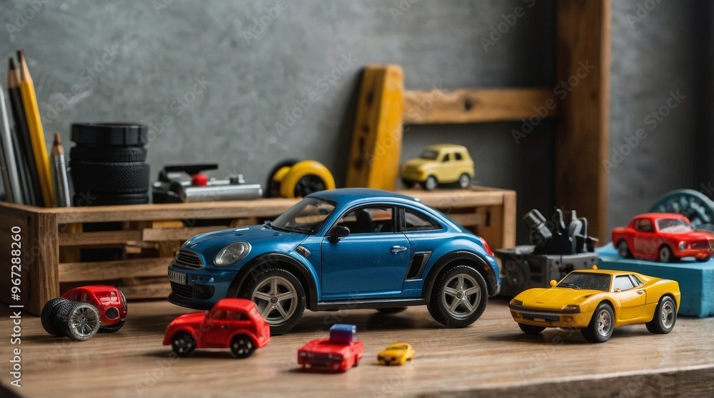 Fototapeta premium Frame of different tools and toy car on table