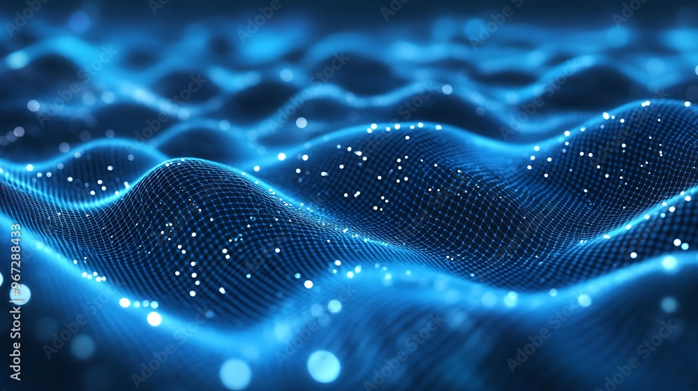 A mesmerizing blue wave pattern with sparkling lights, ideal for background designs or digital art concepts. A mesmerizing blue wave pattern with sparkling lights, ideal for background designs or digital art concepts.