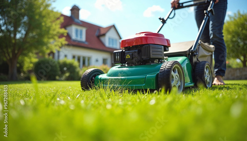 A close-up view of a lawn mower trimming grass in a vibrant garden under a clear summer sky, with flying clippings.