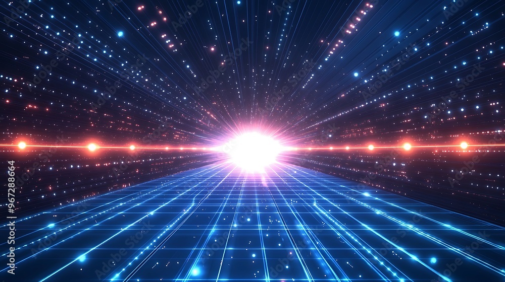 Obraz premium A mesmerizing burst of light surrounded by vibrant particles, creating a stunning visual perspective of space and motion.