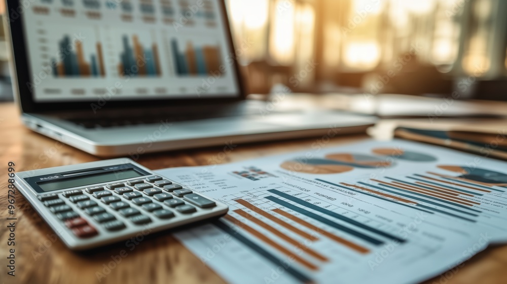 Desk setup featuring a laptop displaying charts and a calculator placed on financial reports, symbolizing business budgeting and financial review processes. Desk setup featuring a laptop displaying charts and a calculator placed on financial reports, symbolizing business budgeting and financial review processes.