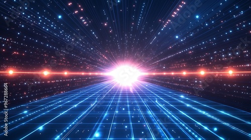 A mesmerizing burst of light surrounded by vibrant particles, creating a stunning visual perspective of space and motion.