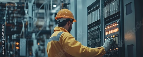 A technician in safety gear operates machinery in a modern electrical facility, ensuring optimal performance and safety. photo