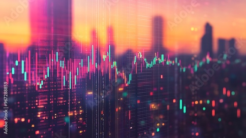 Wallpaper Mural City Skyline at Sunset with Financial Data Visualization and Vibrant Colors Creating a Dynamic Atmosphere Torontodigital.ca
