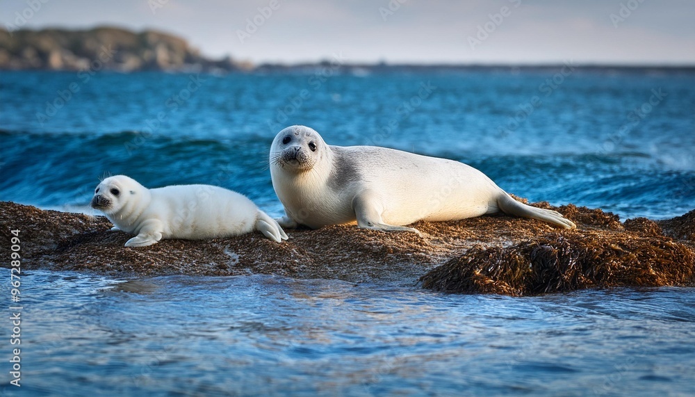 Fototapeta premium Sweet seal pup and parent pair on a rocky shore