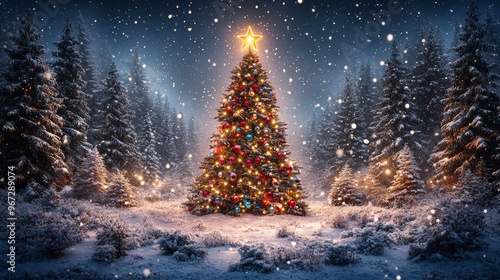 Beautiful Christmas tree in snowy forest with lights