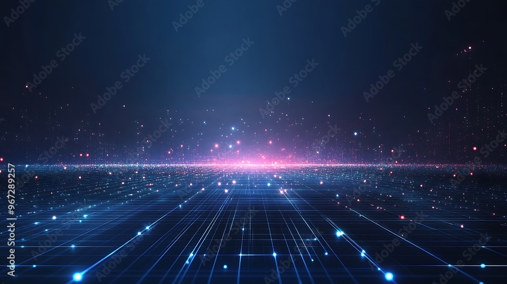 A mesmerizing digital landscape featuring a vast grid illuminated by vibrant colors, symbolizing technology and innovation. A mesmerizing digital landscape featuring a vast grid illuminated by vibrant colors, symbolizing technology and innovation.