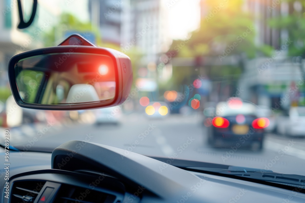 A view of a bustling city street from a car's interior, focusing on the rearview mirror reflecting city lights, capturing urban life and movement. A view of a bustling city street from a car's interior, focusing on the rearview mirror reflecting city lights, capturing urban life and movement.
