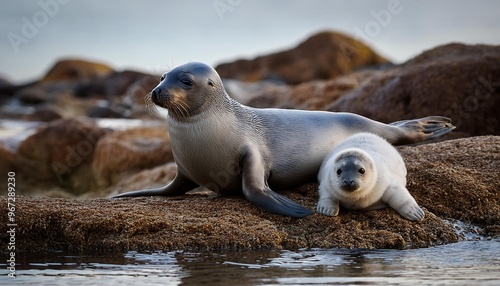 Sweet seal pup and parent pair on a rocky shore photo