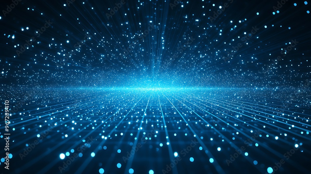 Naklejka premium A mesmerizing digital landscape featuring bright blue particles and beams of light radiating into a vast space.