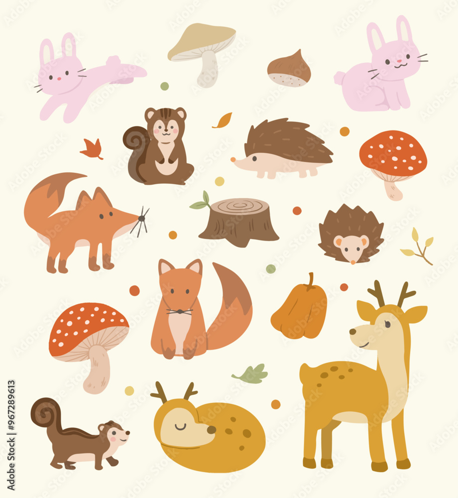 Obraz premium Autumn clipart pattern illustration with Autumn animals and plants