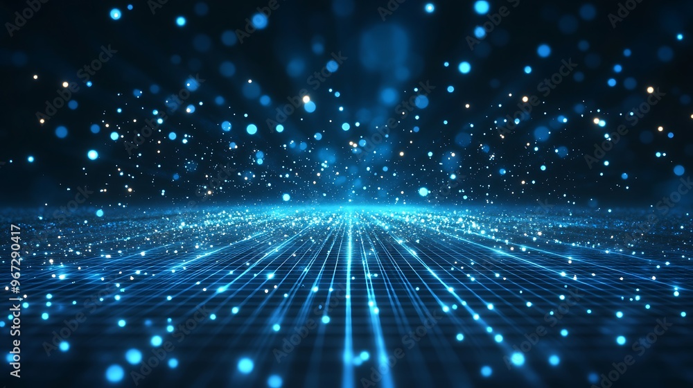 Fototapeta premium A mesmerizing digital landscape of blue lights and glowing particles, creating a futuristic, immersive atmosphere.