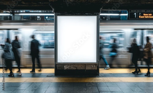 Media template for advertisements displayed in a NYC Subway Station with a moving train as the background. Photorealistic 3D render illustration. photo