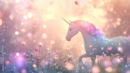 Magical White Unicorn with a Sparkling Horn in a Dreamlike Fantasy Landscape with Rainbow Skies and Stars photo