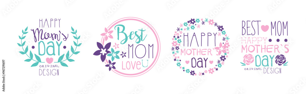 Happy Mothers Day Design with Purple Element Vector Set Happy Mothers Day Design with Purple Element Vector Set