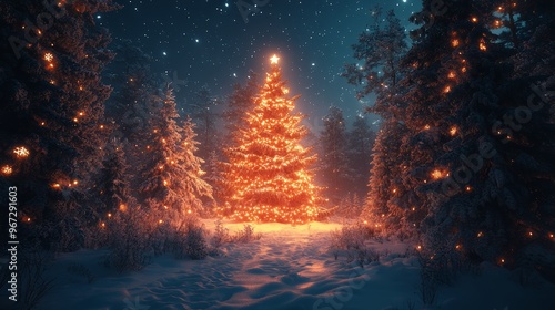 Beautiful Christmas tree in snowy forest with lights