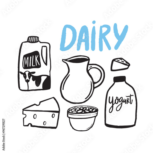 Farm milk in jug, dairy products. Doodle drawings of yogurt bottle, cottage cheese in bowl, triangle pieces of cheese. Black freehand food graphic