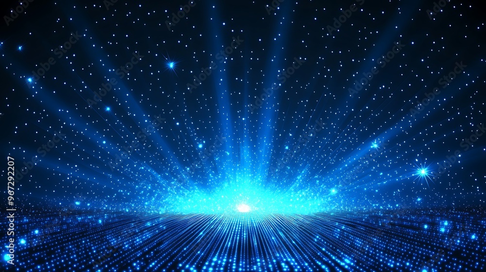 Fototapeta premium A mesmerizing display of blue light rays radiating from a central point, creating a cosmic illusion with stars in the background.