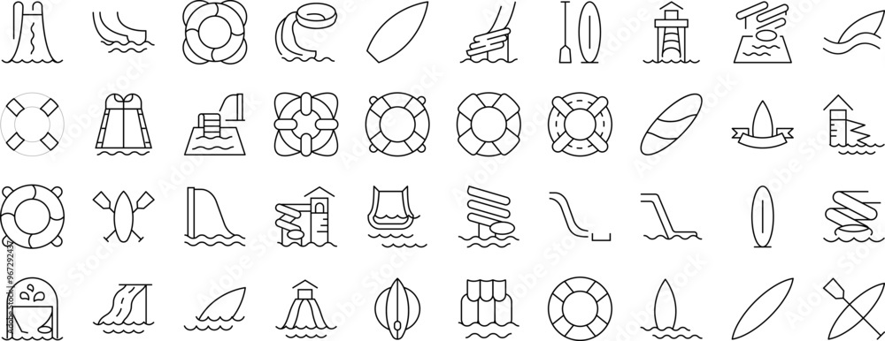 Lifeline and Water Slide Set of Thin Icons. Editable Stroke. Suitable for Web Sites, Books, Cards, Apps Lifeline and Water Slide Set of Thin Icons. Editable Stroke. Suitable for Web Sites, Books, Cards, Apps