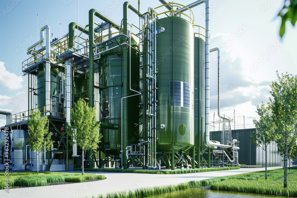Fototapeta premium An exterior view of a high-tech green industrial facility surrounded by greenery, indicating a blend of technology and sustainability.