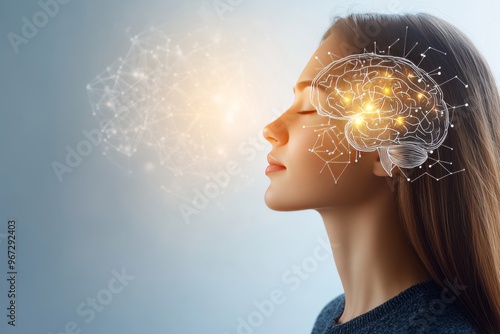 Bioluminescence holography data mapping biofeedback and chromatic interaction woman looking down with glowing brain connections symbolizing neural connectivity and cognitive function photo