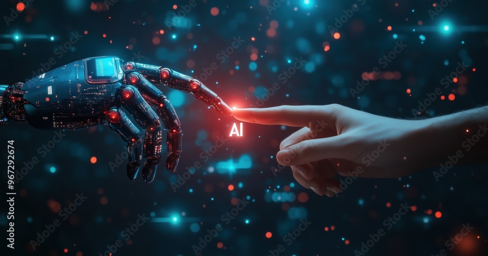 A human hand reaches out to connect with a robotic hand, symbolizing the fusion of technology and humanity in the age of AI. A human hand reaches out to connect with a robotic hand, symbolizing the fusion of technology and humanity in the age of AI.