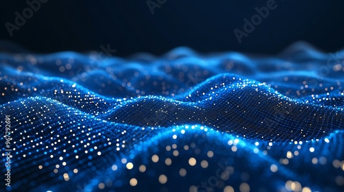 A mesmerizing view of illuminated blue waves, showcasing a digital landscape filled with sparkling particles in a dark background.