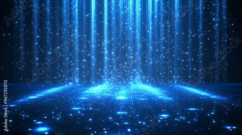 A mesmerizing visual of blue light beams and shimmering particles creating a captivating digital atmosphere.