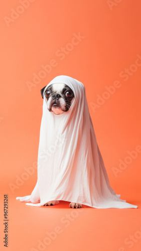 Dog wearing ghost costume on color background, Halloween concept photo