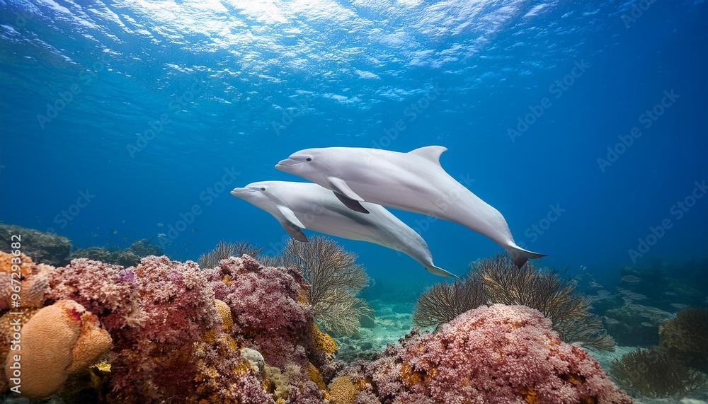 Fototapeta premium Graceful dolphin pair swimming in a coral reef