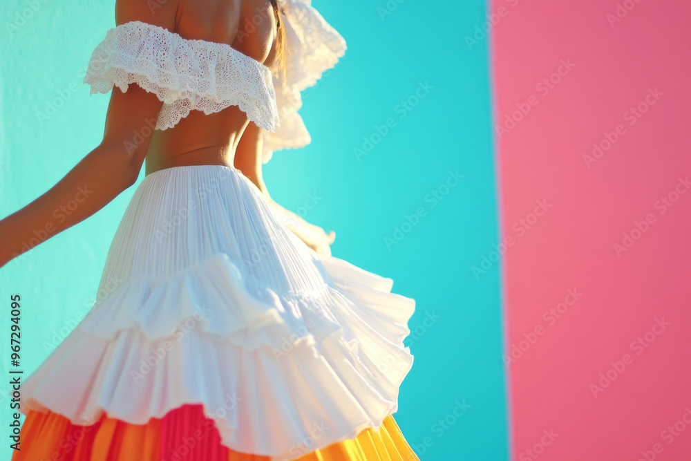 Obraz premium Colorful traditional dress worn by dancing woman in motion, background