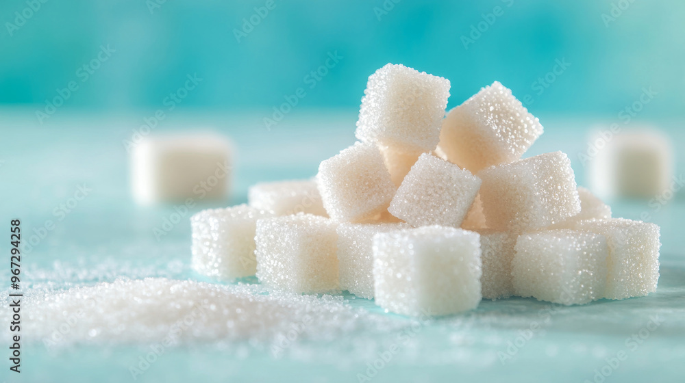 Sugar cubes stacked on turquoise background Sugar cubes stacked on turquoise background