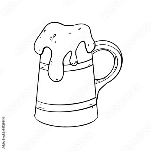 Wooden beer mug and foam by ink outline painted vector illustration isolated. Stein, ale horn black white silhouette. Tankard hand drawn in line art for design beer festival menu, packaging, label.
