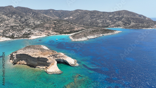 Fényképezés Aerial drone photo of paradise blue bay of uninhabited island of Polyaigos with