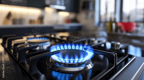 Gas stove burner with blue flame in modern kitchen background