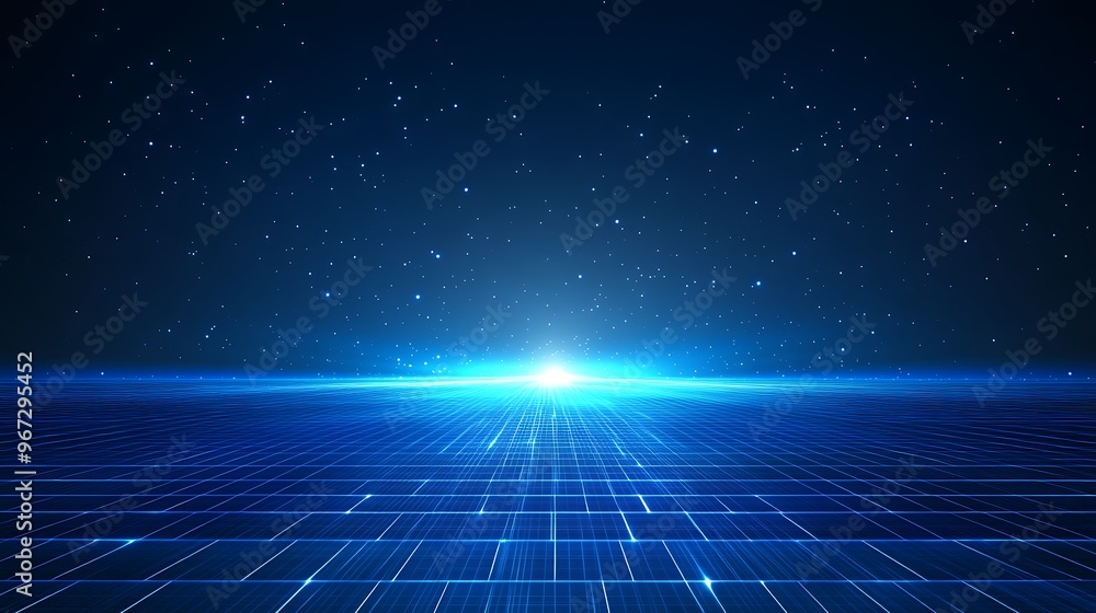 A stunning blue light emerging from a grid landscape, representing a futuristic digital horizon with starry background. A stunning blue light emerging from a grid landscape, representing a futuristic digital horizon with starry background.