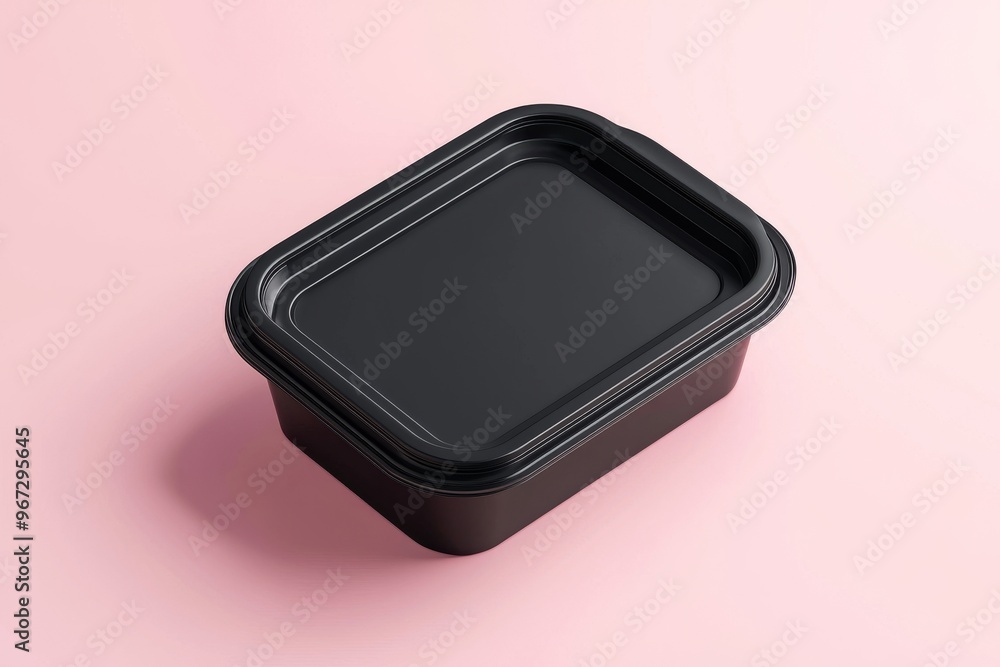 A disposable black food box container with an eco carton cover label pack isolated on a blank mock up template for a food box container A disposable black food box container with an eco carton cover label pack isolated on a blank mock up template for a food box container