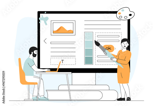 Team of web designers. Man and woman developing design for web page, application or program. Freelancers and coworkers working on common project on Internet. Linear vector illustration