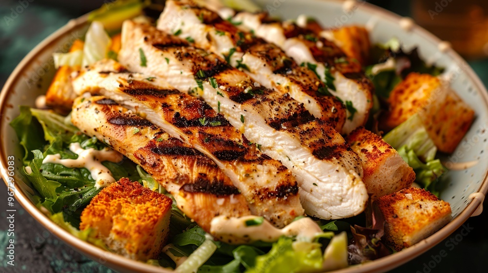 A photo of a grilled chicken Caesar salad A photo of a grilled chicken Caesar salad