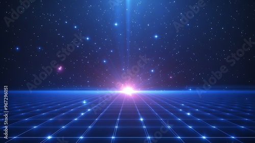 A stunning cosmic landscape featuring a shimmering grid and radiant stars, perfect for sci-fi and digital art projects.